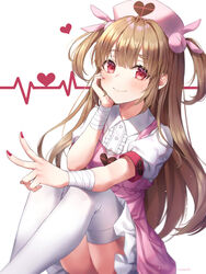  &gt;_&lt; apron bandaged_arm bandages blush brown_hair cardiogram center_frills closed_mouth collared_shirt commentary_request duplicate feet_out_of_frame female frills hair_ornament hat heart highres knees_up light_brown_hair long_hair looking_at_viewer nail_polish natori_sana nurse_cap pink_apron pink_hat pixel-perfect_duplicate pleated_skirt puffy_short_sleeves puffy_sleeves rabbit_hair_ornament red_eyes red_nails sana_channel shirt short_sleeves signature simple_background sitting skirt smile solo soyubee thighhighs two_side_up very_long_hair virtual_youtuber white_background white_shirt white_skirt white_thighhighs 