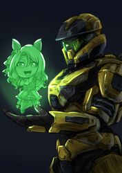  1other absurdres animal_ears armor assault_visor black_background bow commentary_request crossover female hairbow halo_(series) halo_infinite highres hologram horse_ears horse_girl king_halo_(umamusume) looking_down oberon826 open_hand partial_commentary power_armor pun science_fiction smile spartan_(halo) umamusume 