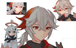  1boy bad_id bad_twitter_id bandaged_hand bandages bishounen closed_mouth derivative_work dress female game_screenshot_inset genshin_impact grey_hair hair_between_eyes hair_ornament halo kaedehara_kazuha multicolored_hair multiple_views paimon_(genshin_impact) red_eyes red_hair reference_inset scarf screenshot_redraw simple_background streaked_hair twitter_username ueauwa upper_body white_background white_dress white_hair 