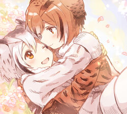  2girls bad_id bad_twitter_id black_hair blush brown_coat brown_eyes brown_hair coat commentary_request eurasian_eagle_owl_(kemono_friends) flower fur_collar grey_coat grey_hair head_wings highres hug kemono_friends multicolored_hair multiple_girls northern_white-faced_owl_(kemono_friends) one_eye_closed open_mouth short_hair suicchonsuisui white_hair wings 