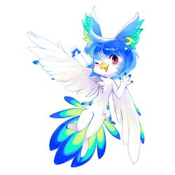  1:1 1_toe 2017 4_fingers aishasoup anthro avian beak bird blue_hair blush chest_tuft feathered_wings feathers female fingers fur hair half-closed_eyes hi_res inner_ear_fluff looking_at_viewer multicolored_body multicolored_feathers narrowed_eyes open_mouth perico red_eyes simple_background solo tuft white_background white_body white_fur wings 