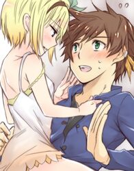  1boy bad_id bad_pixiv_id blonde_hair blue_eyes blush brown_hair collared_shirt dress earrings edna_(tales) feather_earrings feathers female green_eyes green_ribbons jewelry looking_at_another partially_unbuttoned ribbon shirt short_hair sorey_(tales) sweat tales_of_(series) tales_of_zestiria tukinagi unbuttoned unbuttoned_shirt unbuttoning undershirt undressing undressing_another white_dress 