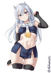  ass_visible_through_thighs black_gloves black_thighhighs blue_eyes blue_hair blue_skirt bodysuit breasts cowboy_shot crop_top cropped_legs ebifurya elbow_gloves fake_horns female fingerless_gloves gloves groin headgear highres horned_headwear horns i-203_(kancolle) kantai_collection light_blue_hair long_hair midriff navel no_panties nontraditional_school_swimsuit pencil_skirt sailor_collar school_swimsuit sidelocks simple_background skirt sleeveless small_breasts solo stomach swimsuit thighhighs white_background white_sailor_collar 