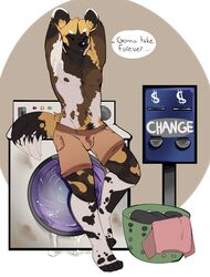  african_wild_dog anthro appliance athletic athletic_anthro athletic_male big_ears black_nose boxers_(clothing) boxers_only canid canine closed_eyes clothed clothing fari_paredes fur fur_pattern fuzzy_tail hands_behind_head laundry laundry_machine laundry_room male mammal multicolored_body multicolored_fur nipples solo stretching tizzle_bizzle topless topless_male underwear underwear_only 