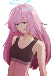  absurdres ambriel_(arknights) arknights black_sports_bra breasts female hair_down halo highres long_hair looking_at_viewer moon-of-scarlet pink_hair purple_eyes simple_background small_breasts solo sports_bra upper_body white_background 