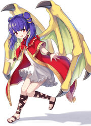  :d absurdres blush commentary dragon_wings dress female fire_emblem fire_emblem:_the_sacred_stones full_body hako_momiji highres long_hair looking_at_viewer myrrh_(fire_emblem) open_mouth purple_hair red_dress red_eyes sandals shadow short_dress simple_background smile solo twintails white_background white_dress wings wristband 