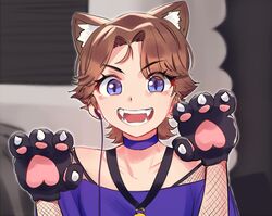  1boy animal_ears animal_hands blue_eyes blue_shirt blurry blurry_background bodysuit brown_hair cat_boy cat_ears cat_paws catboy_jerma choker collarbone commentary earbuds earphones english_commentary fangs fishnet_bodysuit fishnets jerma985 jerma985_(person) looking_at_viewer male_focus medal meme off-shoulder_shirt off_shoulder open_mouth parted_bangs pon_fresh shirt short_hair smile solo teeth upper_body when_the_imposter_is_sus_(meme) 