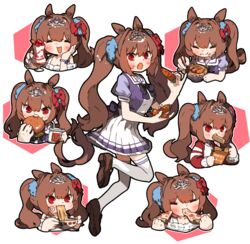  =_= amonitto animal_ears biting blush bowl bracelet brand_name_imitation brown_footwear brown_hair burger carrot_on_stick chopsticks commentary_request cup daiwa_scarlet_(umamusume) disposable_cup eating fast_food female food food_on_face hair_intakes hand_on_own_cheek hand_on_own_face highres holding holding_chopsticks holding_food holding_pizza horse_ears horse_girl horse_tail ice_cream jacket jewelry kamaboko long_hair mcdonald&#039;s multiple_views narutomaki noodles oerba_yun_fang open_mouth pizza purple_shirt ramen red_eyes red_jacket sailor_collar school_uniform shirt shoes short_sleeves skirt smile sundae sweatdrop tail thighhighs tiara tracen_school_uniform twintails umamusume very_long_hair white_skirt white_thighhighs 