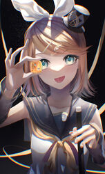  200f_(nifu) :p absurdres aqua_eyes argyle_clothes argyle_hat arm_warmers black_background blonde_hair bow chromatic_aberration collared_shirt commentary dice female fortissimo grey_sailor_collar hair_ornament hairbow hairclip hand_up hat heart highres holding holding_dice holding_wand kagamine_rin kagamine_rin_(vocaloid4) light_particles looking_at_viewer mini_hat mini_top_hat musical_note musical_note_hair_ornament neckerchief sailor_collar shirt short_hair sleeveless sleeveless_shirt smile solo swept_bangs tongue tongue_out top_hat treble_clef upper_body v4x vocaloid wand white_bow white_shirt yellow_neckerchief 