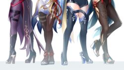  4girls absurdres bodystocking boots chinese_knot commentary_request eula_(genshin_impact) fishnet_pantyhose fishnets ganyu_(genshin_impact) genshin_impact high_heels highres hip_vent legs lower_body mon-chan multiple_girls pantyhose pose power_connection rosaria_(genshin_impact) shenhe_(genshin_impact) shorts tassel thigh_boots thigh_strap thighhighs thighs white_background 