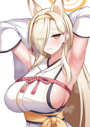  animal_ears armpits arms_up blonde_hair blue_archive blush breasts closed_mouth commentary detached_sleeves extra_ears eyes_visible_through_hair female fox_ears fox_girl hair_ornament hair_over_one_eye hairband halo highres japanese_clothes kaho_(blue_archive) long_hair long_sleeves looking_at_viewer mole mole_under_mouth presenting_armpit sash sideboob sideless_kimono simple_background solo sweat sweaty_armpits thick_eyebrows upper_body white_background yellow_eyes yellow_hairband yuunagi_(0217) 