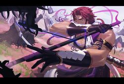  1boy bare_shoulders battle fighting_stance from_side hel0205 highres japanese_clothes letterboxed long_sideburns male_focus muscular muscular_male pectoral_cleavage pectorals ponytail red_hair serious short_hair sideburns solo_focus thick_eyebrows tonbokiri tonbokiri_(touken_ranbu) touken_ranbu vambraces yellow_eyes 