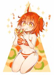  absurdres bikini blush breasts commentary_request eating fate/grand_order fate_(series) female food fujimaru_ritsuka_(female) fujimaru_ritsuka_(female)_(brilliant_summer) highres holding holding_food holding_pizza medium_breasts nijiomu olive orange_eyes orange_hair pepperoni pizza short_hair sitting solo sparkling_eyes swimsuit 