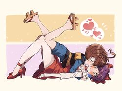  1boy @_@ blush brown_hair commentary_request draw_your_fav_ship_like_this_(meme) female gegege_no_kitarou hair_over_one_eye heart high_heels highres kitarou meme nekomusume nekomusume_(gegege_no_kitarou_6) o3o on_person purple_hair red_footwear sandals short_hair silanduqiaocui spoken_heart straight yellow_eyes 