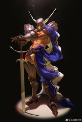  1boy abs absurdres armor bara blue_cape blue_male_underwear briefs bulge cape commentary dark-skinned_male dark_skin facial_hair full_body goatee greaves highres looking_at_viewer male_focus male_underwear mature_male muscular muscular_male navel nipples no_pants no_shirt original pauldrons planted planted_sword shoulder_armor smile smirk solo spotlight stomach sword symbol-only_commentary thighs underwear vambraces weapon weibo_logo weibo_watermark white_male_underwear xiaolumiaoliya 