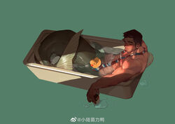  1boy absurdres bara bathing black_hair cup facial_hair fins goatee highres holding holding_cup long_sideburns loose_necktie male_focus mature_male merman monster_boy muscular muscular_male naked_necktie necktie nude original pectorals rubber_duck short_hair sideburns sleeping solo undercut water weibo_logo weibo_watermark xiaolumiaoliya 