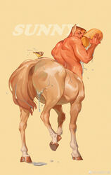  1boy absurdres animal_ears back bara bird_on_back centaur commentary completely_nude from_behind full_body highres horse_ears horse_tail looking_back male_focus monster_boy muscular muscular_male nude original short_hair sideburns simple_background solo symbol-only_commentary tail taur weibo_logo weibo_watermark wet xiaolumiaoliya 