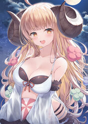  anila_(granblue_fantasy) anila_(summer)_(granblue_fantasy) ball beachball bikini blonde_hair blush breasts cleavage collarbone commentary_request draph female flower frills full_moon granblue_fantasy hair_flower hair_ornament highres holding holding_ball holding_beachball horns large_breasts long_hair moon night night_sky official_alternate_costume open_mouth sheep_horns short_eyebrows sky solo swimsuit topia very_long_hair 