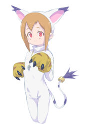  absurdres animal_ears arado_balanga_(xchd7538) bad_id bad_pixiv_id blush brown_hair claws closed_mouth commentary cosplay cropped_legs digimon digimon_adventure fake_animal_ears female gloves highres hood hood_up jewelry light_brown_hair red_eyes ring short_hair simple_background smile solo standing tail tail_ornament tail_ring tailmon tailmon_(cosplay) whistle whistle_around_neck white_background yagami_hikari 