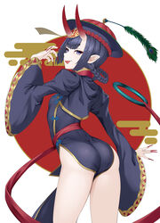  absurdres ass back black_dress black_hat braid breasts china_dress chinese_clothes clothes_between_thighs dress eyeliner fate/grand_order fate_(series) female frills hair_rings hat highres horns jiangshi long_sleeves looking_at_viewer looking_back makeup ofuda oni peacock_feathers pelvic_curtain pointy_ears purple_eyes purple_hair qingdai_guanmao short_hair shuten_douji_(fate) shuten_douji_(festival_outfit)_(fate) skin-covered_horns small_breasts smile solo talisman thighs tongue tongue_out twin_braids wide_sleeves yamachi_(xadp7533) 