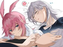  2girls 3o_c animal_ears black_shirt blue_eyes closed_eyes closed_mouth fox_ears honkai_(series) honkai_impact_3rd kallen_kaslana looking_at_another multiple_girls multiple_views open_mouth pink_hair shirt sleeping sleeveless smile speech_bubble white_background white_hair white_shirt yae_sakura yuri zzz 