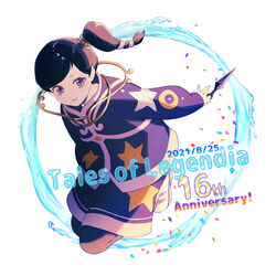  1boy anniversary black_hair confetti highres ichihashi_makoto jay_(tales) kunai ninja pants purple_eyes purple_pants side_ponytail simple_background smile solo surcoat tales_of_(series) tales_of_legendia water weapon white_background 