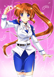  :o belt black_belt black_shirt blue_skirt brown_hair commentary cowboy_shot dated dress_shirt feathers female hair_tie highres holding jacket light_particles long_hair long_sleeves lyrical_nanoha mahou_shoujo_lyrical_nanoha_strikers military military_uniform neck_ribbon parted_lips pencil_skirt purple_background purple_eyes purple_outline raising_heart raising_heart_(standby_mode) red_ribbon ribbon san-pon shirt side_ponytail side_slit skirt solo standing takamachi_nanoha thighhighs tsab_air_military_uniform twitter_username uniform white_jacket white_shirt white_thighhighs wing_collar 