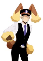  1boy animal_ears black_hat black_pants black_vest blue_necktie collared_shirt cosplay dress_shirt grey_eyes grey_hair hat ingo_(pokemon) jaho long_sideburns long_sleeves lopunny lopunny_(cosplay) male_focus necktie pants peaked_cap pokemon pokemon_bw pokemon_ears pokemon_tail rabbit_boy rabbit_ears rabbit_tail shirt sideburns simple_background solo tail vest white_background white_shirt 