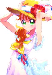  :o absurdres adjusting_clothes adjusting_headwear armpits arms_up blue_stripes blush bow commentary dress female flower frilled_dress frills green_eyes hair_over_shoulder hair_strand hat hat_bow hat_flower heart heart_in_eye hibiscus highres long_hair looking_at_viewer multicolored_bow natsuumi_manatsu neckerchief okimochi open_mouth orange_hair parted_lips pink_sailor_collar precure sailor_collar shadow side_ponytail simple_background sleeveless sleeveless_dress solo sparkle straw_hat sun_hat symbol_in_eye tropical-rouge!_precure upper_body white_background white_dress yellow_neckerchief 