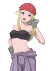  :d bandana bandeau black_bandeau blonde_hair blue_eyes breasts clothes_around_waist cowboy_shot female fullmetal_alchemist gloves hand_on_own_hip highres holding holding_wrench long_hair looking_at_viewer midriff navel red_bandana shimizu_tomoki shirt shirt_around_waist smile solo white_background winry_rockbell wrench 