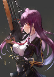  black_dress black_gloves blunt_bangs blush breasts bullpup cartridge checkered closed_mouth commentary dress female girls&#039;_frontline gloves gradient_background grey_background gun himonoata holding holding_gun holding_weapon large_breasts long_hair long_sleeves looking_at_viewer looking_to_the_side necktie one_side_up purple_hair red_eyes red_necktie rifle sideways_glance sniper_rifle solo trigger_discipline underbust very_long_hair wa2000_(girls&#039;_frontline) walther walther_wa_2000 weapon 