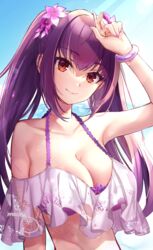  arm_up bad_id bad_pixiv_id bikini bracelet breasts cleavage day fate/grand_order fate_(series) female frilled_bikini frills jewelry large_breasts looking_at_viewer nail_polish off-shoulder_bikini off_shoulder omochimochi outdoors purple_bikini purple_hair red_eyes scathach_(fate) scathach_skadi_(fate) scathach_skadi_(swimsuit_ruler)_(fate) scathach_skadi_(swimsuit_ruler)_(first_ascension)_(fate) smile solo swimsuit twintails upper_body 