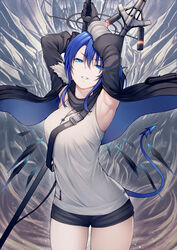  arknights armpits arms_up bangs banned_artist black_gloves black_shorts blue_eyes blue_hair commentary_request cowboy_shot female gloves grey_shirt hair_between_eyes kyoeiki long_hair looking_at_viewer mostima_(arknights) parted_lips partial_commentary shirt short_shorts shorts sleeveless sleeveless_shirt solo staff standing tail thighs 