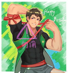  1boy absurdres bara black_shirt blush boxers brown_hair bulge covered_abs covered_navel cowboy_shot dog_tags gou_mangwu grey_male_underwear happy_birthday highres idolmaster idolmaster_side-m jewelry male_focus male_underwear muscular muscular_male necklace no_pants one_eye_closed red_ribbon ribbon shingen_seiji shirt short_hair skin_tight smile solo taut_clothes taut_shirt underwear upper_body weibo_logo weibo_watermark 