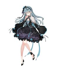  absurdres bangs black_dress black_footwear blue_flower blue_hair blue_rose blush breasts cleavage detached_sleeves dress eyebrows_behind_hair female flower hair_flower hair_ornament hairband head_tilt high_heels highres lolita_hairband nijisanji nijisanji_kr official_art rose ryu_hari second-party_source sleeves_past_fingers sleeves_past_wrists smile solo symbol-only_commentary virtual_youtuber white_background xretakex yellow_eyes 