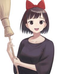  :d black_dress bow broom brown_eyes brown_hair collarbone commentary dress female hairbow highres holding holding_broom kiki_(majo_no_takkyuubin) looking_at_viewer majo_no_takkyuubin open_mouth red_bow shimizu_tomoki short_hair smile solo teeth upper_body upper_teeth_only white_background wide_sleeves 