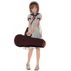  amati bag brown_eyes brown_hair dress duoyuanjun female girls&#039;_frontline gunslinger_girl henrietta_(gunslinger_girl) looking_at_viewer messenger_bag sandals shoulder_bag smiley_face solo transparent_background white_dress 