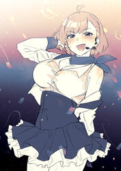  &gt;:) :d ahoge asymmetrical_bangs blush breasts cleavage confetti cowboy_shot earpiece female frilled_skirt frills griffon_(last_origin) hand_in_own_hair headset high-waist_skirt ichihyaku_nanajuu jacket korean_commentary large_breasts last_origin limited_palette long_sleeves looking_at_viewer miniskirt oerba_yun_fang official_alternate_costume open_clothes open_jacket open_mouth short_hair simple_background skirt smile solo v-shaped_eyebrows 