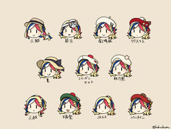  :q beret blonde_hair blue_hair blush brown_background brown_headwear chibi closed_mouth commandant_teste_(kancolle) female green_headwear hair_ornament hat kamoku_nagi kantai_collection long_hair low-tied_long_hair mask mask_on_head multicolored_hair multiple_views open_mouth pom_pom_(clothes) ponytail red_hair red_headwear simple_background smile streaked_hair sun_hat tongue tongue_out translated twitter_username white_hair white_headwear 