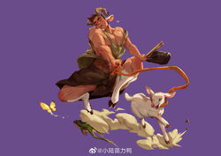  1boy abs absurdres animal animal_ears animal_feet bara bare_pectorals brown_hair bug butterfly facial_hair frog goat goat_boy goat_ears goat_horns goat_legs goatee green_tank_top highres hooves horns large_pectorals leash male_focus mature_male midriff_peek monster_boy muscular muscular_male nipple_slip nipples original pectorals running satyr short_hair solo tank_top weibo_logo weibo_watermark xiaolumiaoliya yellow_butterfly 