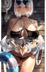  absurdres ass_visible_through_thighs azur_lane bag bare_shoulders bikini black_bikini blush breasts choker cleavage collarbone commentary_request eyelashes eyes_visible_through_hair eyewear_on_head fanbox_reward female hair_between_eyes heart heart-shaped_eyewear heart-shaped_pupils heavy_breathing highres innertube large_breasts looking_at_viewer lowleg lowleg_bikini navel o-ring o-ring_bikini o-ring_top off_shoulder official_alternate_costume paid_reward parted_lips red_eyes scrunchie see-through short_hair shoulder_bag signo_aaa sirius_(azur_lane) sirius_(scorching-hot_seirios)_(azur_lane) smile solo string_bikini sunglasses swim_ring swimsuit symbol-shaped_pupils thigh_strap white_bag white_hair wrist_scrunchie 