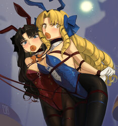  2girls animal_ears bare_shoulders black_hair black_pantyhose blonde_hair blue_eyes blue_leotard blush bondage bondage bondage bound bow breasts brown_pantyhose cad_(caddo) carrot cleavage commentary covered_navel detached_collar drill_hair fake_animal_ears fate/hollow_ataraxia fate/stay_night fate_(series) gloves hairbow highleg highleg_leotard highres large_breasts leotard long_hair looking_at_viewer luviagelita_edelfelt medium_breasts mouth_hold multiple_girls pantyhose parted_bangs playboy_bunny quad_drills rabbit_ears red_leotard restrained rope thighs tohsaka_rin two_side_up white_gloves yellow_eyes 