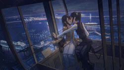  2girls absurdres black_hair black_vest bridge brown_jacket commentary_request commission dress earrings harbor highres imminent_kiss jacket japan jewelry kissing multiple_girls night original parted_lips pier ponytail pupubutong scenery second-party_source ship shirt short_hair sleeveless sleeveless_dress vest water watercraft white_shirt yuri 