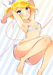  arms_up barefoot bikini blonde_hair blue_eyes bow breasts cleavage commentary feet female hair_ornament hair_ribbon hairbow hairclip halterneck heart heart_of_string kagamine_rin kawahara_chisato legs_up looking_at_viewer multicolored_bikini multicolored_clothes nail_polish ponytail project_diva_(series) rainbow_bikini ribbon side-tie_bikini_bottom small_breasts solo spaghetti_strap string_bikini striped_bikini striped_clothes swept_bangs swimsuit toenail_polish toenails toes twitter_username vocaloid yellow_nails 