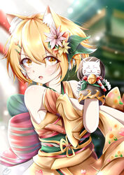  :o absurdres animal_ear_fluff animal_ears back_bow bare_shoulders bell black_gloves blonde_hair blurry blurry_background bow breasts cat_ears cat_girl cat_hair_ornament detached_sleeves feline female floral_print flower gloves hair_between_eyes hair_flower hair_ornament hairclip highres hiyori_(new_year)_(princess_connect!) hiyori_(princess_connect!) japanese_clothes jingle_bell kimono looking_at_viewer new_year open_mouth orange_hair pink_flower princess_connect! print_kimono short_hair signature small_breasts solo stretching sunflower_print takemura_kou yellow_flower yellow_kimono 