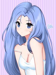  bae_minah_(chaesu) bare_shoulders blue_eyes blue_hair blush borrowed_character breasts camisole cleavage commentary female forehead highres long_hair looking_at_viewer medium_breasts original purple_background solo strap_slip striped striped_background upper_body vertical_stripes very_long_hair vickie_(cryingrobot) 