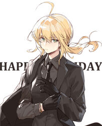  absurdres adjusting_clothes adjusting_gloves ahoge androgynous aqua_eyes artoria_pendragon_(fate) black_gloves clouble fate/zero fate_(series) female formal gloves happy_birthday highres long_hair looking_at_viewer necktie saber_(fate) solo suit white_background wind 