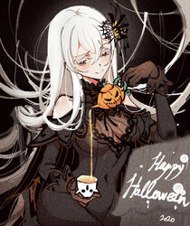  bare_shoulders black_eyes colored_eyelashes commentary cup echidna_(re:zero) female gloves hair_between_eyes hair_ornament halloween happy_halloween jack-o&#039;-lantern kn_knowhere long_hair looking_at_viewer re:zero_kara_hajimeru_isekai_seikatsu sitting smile solo spider_web_hair_ornament teacup white_hair 