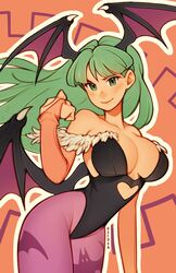  animal_print artist_name bare_shoulders bat_print bat_wings breasts bridal_gauntlets cleavage closed_mouth clothing_cutout commentary demon_girl elbow_gloves female gloves green_eyes green_hair hand_up head_wings heart_cutout highres large_breasts leotard long_hair looking_at_viewer low_wings morrigan_aensland outline oxcoxa pantyhose print_pantyhose purple_pantyhose purple_wings smile solo standing vampire_(game) white_outline wings 