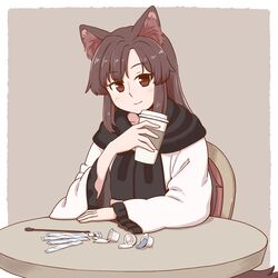  animal_ear_fluff animal_ears black_scarf border brown_hair closed_mouth commentary creamer_packet cup dress female grey_background holding holding_cup imaizumi_kagerou long_sleeves looking_at_viewer poronegi red_eyes scarf simple_background sitting smile solo table tail touhou white_border white_dress wide_sleeves wolf_ears wolf_tail 